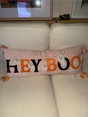 HEY BOO Pastel Pink + Orange Ghost Pillow w/ Tassels Sweet street Halloween